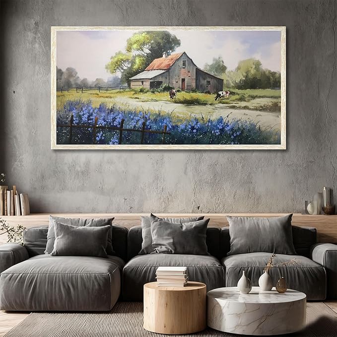 Ardemy Farmhouse Canvas Wall Art Large Framed Vintage Farm Cow Pictures Wall Decor Living Room Village Nature Painting Artwork Wall Art Bedroom Dining Room Home Office, 40"x20"