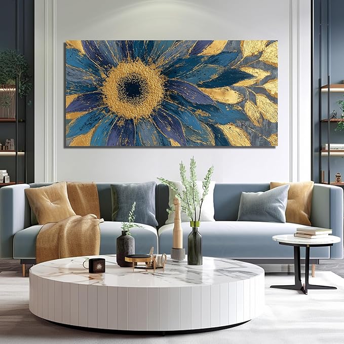 JuhaiArt Blue Wall Art Bedroom Large Gold Flower Canvas Wall Decor Floral Picture Art for Living Room Office 29" x 59" Sunflower Abstract Artwork