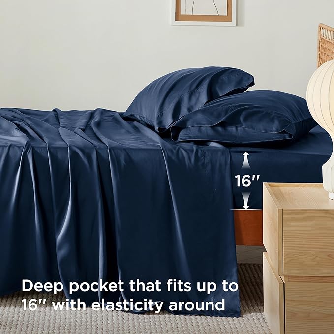 Bedsure Cooling Sheets Twin, Rayon Derived from Bamboo, Breathable & Soft Twin Sheets Set, Deep Pocket Up to 16 Inches, Hotel Luxury Silky Bedding for Hot Sleepers, Navy