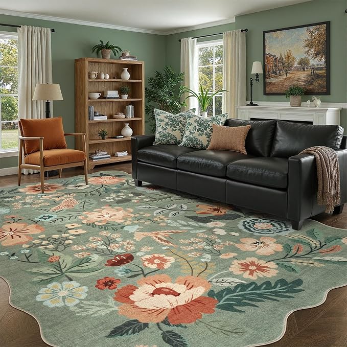 DCX Vintage Floral Rug 8x10, Washable Sage Green Rug for Living Room, Kid & Pet Friendly with Rubber Back Non Slip, Soft Low Pile Carpet, Stain Resistant Rug for Bedroom, Nursery, Dining Room