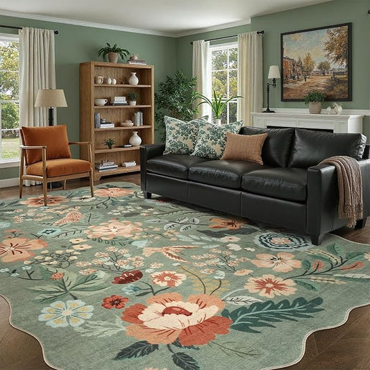 DCX Vintage Floral Rug 9x12, Washable Sage Green Rug for Living Room, Kid & Pet Friendly with Rubber Back Non Slip, Soft Low Pile Carpet, Stain Resistant Rug for Bedroom, Nursery, Dining Room