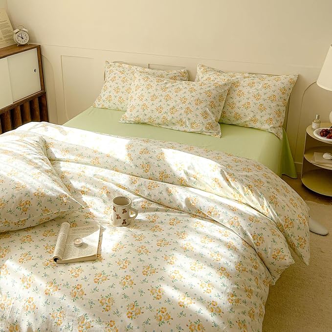 EAVD Chic Shabby Small Yellow Floral Duvet Cover Queen Soft 100% Cotton Garden Floral Bedding Set with 2 Pillowcases Reversible Floral Cottagecore Bedding Set with Zipper Closure
