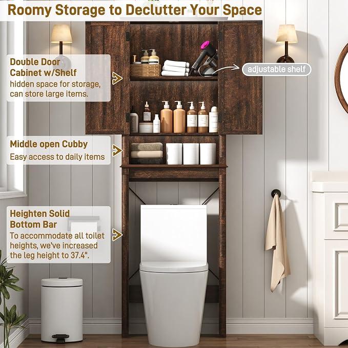 jiteentarou Farmhouse Bathroom Storage Cabinet,Over The Toilet Storage Cabinet with Roman Column Decor,Tall Over The Toilet Shelf with Barn Doors,Over Toilet Bathroom Organizer(Rustic Brown)