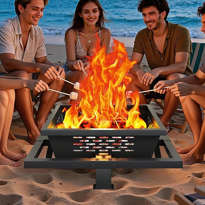Auhilence 36 inch fire Pit, Square Outdoor Fire Pit with Poker, Wood Burning Fire Pit for Camping, Backyard, Patio