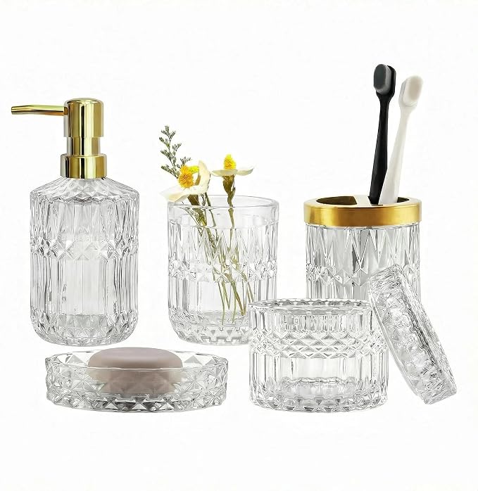 LaMarriti Clear Bathroom Accessories Set, 5pcs Crystal Glass Bathroom Set Accessories, Soap Dispenser, Toothbrush Holder Set, Soap Dish, Tumbler, Qtips Holder for Vintage Bathroom Decor, Gift Set