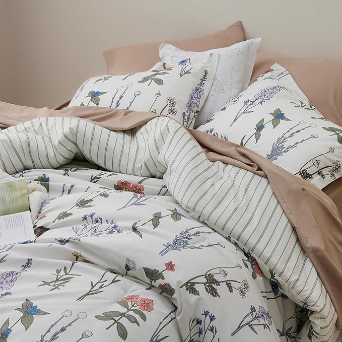 Bedsure Twin/Twin XL Comforter Set - Twin Extra Long Comforter Set, Cute Floral Dorm Bedding, 2 Pieces, 1 Soft Reversible Coconut White Botanical Flowers Comforter and 1 Pillow Sham