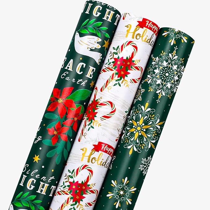 MAYPLUSS Green Christmas Wrapping Paper - 17In x 120In Per Roll - Elegant Gold Red Poinsettia, Vintage Snowflake, Peaceful Dove & Olive Branch in Flight Winter Gift Wrap for Christmas, Holiday, Party