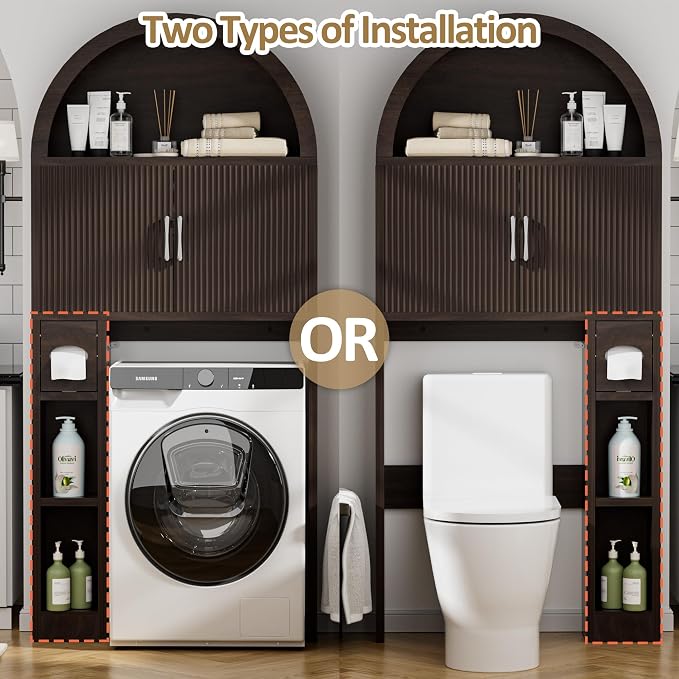 Spurgehom Over The Toilet Storage Cabinet, Bathroom Shelf Organizer Freestanding, Bathroom Arch Cabinet Over Toilet with Toilet Paper Holder and Anti-Tipping Device (Coffee)
