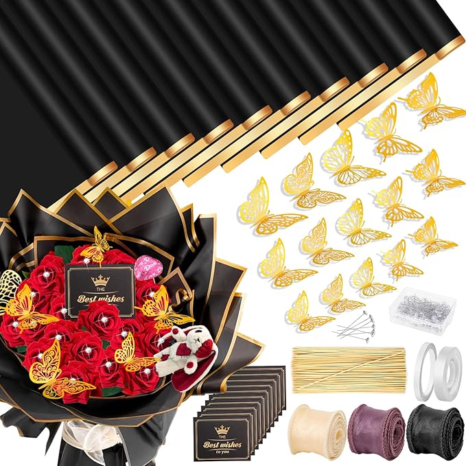 ROADPLUM 20 Sheets Flower Wrapping Paper, Black Bouquet Wrapping Paper Accessories with 100 Diamond Pins 60 Gold Butterflies 3 Ribbon 10 Cards 90 Bamboo Stick, DIY Floral Bouquet Supplies