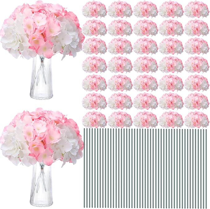 Unittype Silk Hydrangea Artificial Flowers Heads with Stems Faux Hydrangea Flowers for Wedding Centerpieces Bouquets DIY Floral Decorations for Home Indoor(White and Pink,200 Pieces)