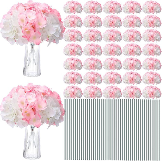 Unittype Silk Hydrangea Artificial Flowers Heads with Stems Faux Hydrangea Flowers for Wedding Centerpieces Bouquets DIY Floral Decorations for Home Indoor(White and Pink,200 Pieces)