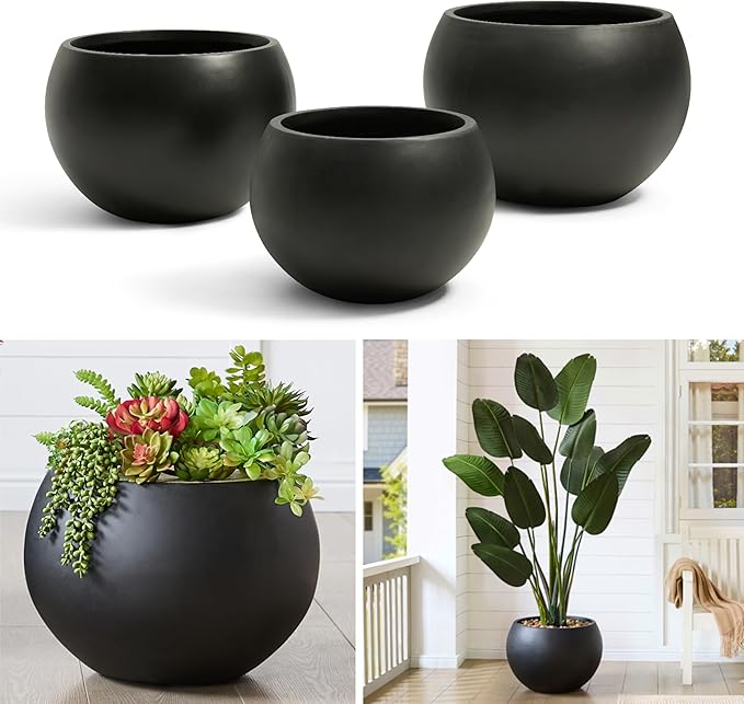 Fiberstone Sphere Planter, Black 19.3" Dia Large Flower Pot with Drainage Hole and Silicone Plug, Round Plant Container for Indoor or Outdoor, 15" Opening-13 H Large