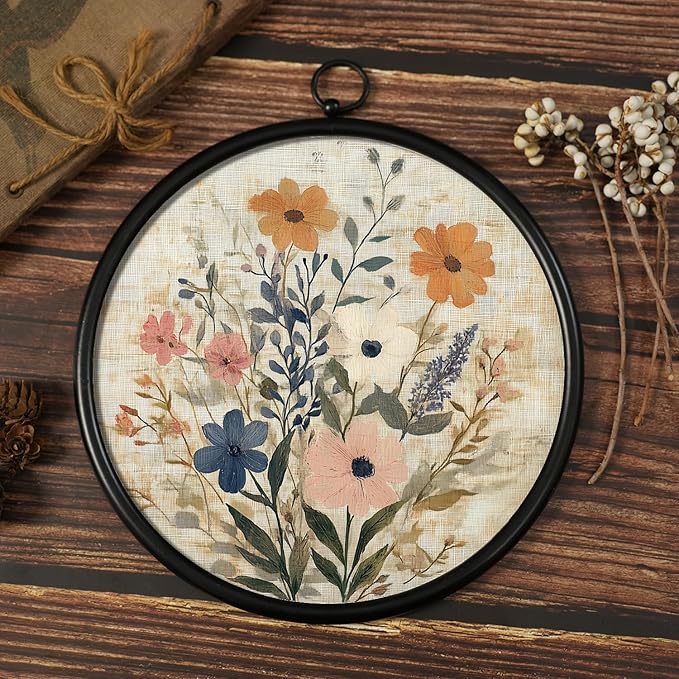 XIAOAIKA Round Vintage Wall Hanging Decor, Printed Textured Surface with Wood Back, Wildflower Design, Black Metal Frame, Ready to Hang for Living Room Bedroom, 10 Inch