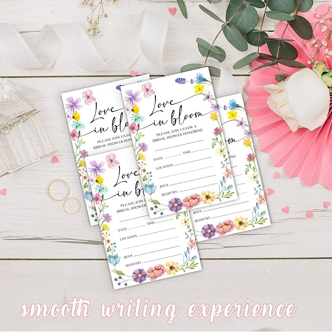 Bridal Shower Invitations, Love In Bloom Invites with Envelopes, 4x6 Inches Floral Invite Card for Wedding Shower, Newlyweds, Party Favor & Decorations-A01