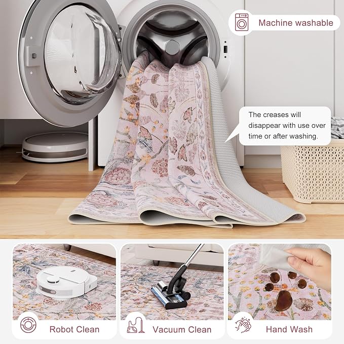AMTOVO 2.7x8 Runner Rug for Hallway, Washable Non-Slip Long Kitchen Carpet, Floral Vintage Distressed Floor Mat for Hallways Entryway Living Room Laundry Room Bathroom Farmhouse, Pink