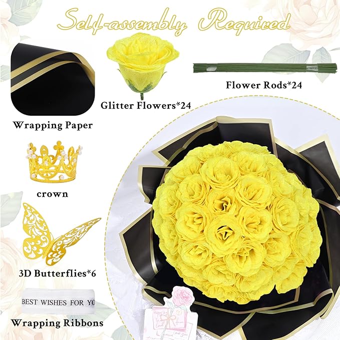 Waipfaru Glitter Roses Bouquet, DIY Fake Flowers Bouquet, Yellow Artificial Flower for Mothers Day Gifts, Valentines, Anniversary, Engagement, Wedding, 24 Pcs