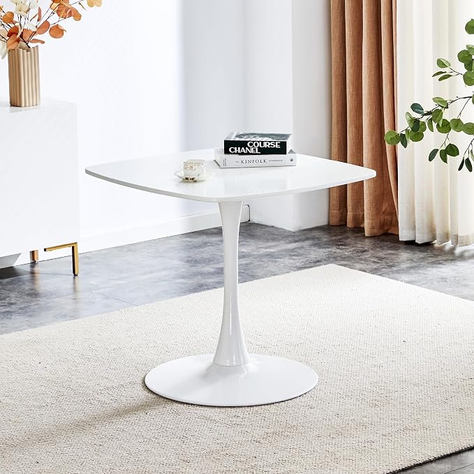 31.5 Inch Square Dining Table for 2 to 4 Person Mid Century Modern Tulip Table with Metal Pedestal Base Thick MDF Top for Apartment Kitchen Bistro Office, White