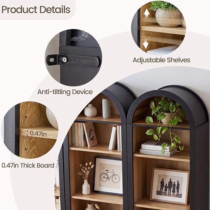 Turtle&Myrtle Tall Narrow Arched Bookshelf, 8-Tier Skinny Arch Bookcase for Small Space, Freestanding Storage Organizer with Adjustable Shelves, Open Display Shelves for Living Room, Entryway (Black)
