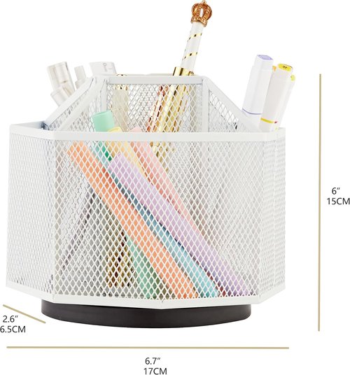 Annova Mesh Desk Organizer - 5-Compartment Spinning Tidy for Office & Home | White