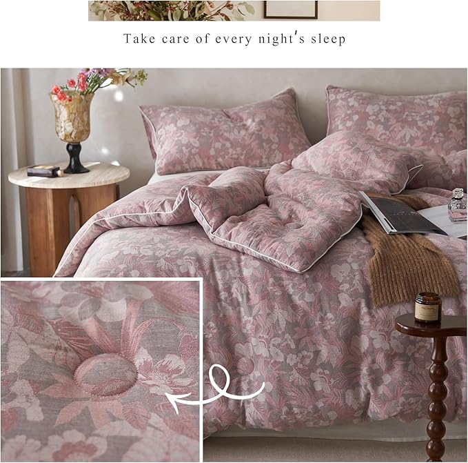 HighBuy Pink Floral King Size Comforter Set Muslin Cotton Soft Luxury Boho King Comforter Jacquard Print Breathable Lightweight Fluffy Bedding Sets with 1 Comforter and 2 Pillow Shams