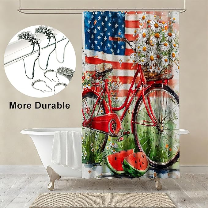 American Flag Shower Curtain Watercolor Bike Flowers Shower Curtains for Bathroom Waterproof Fabric Bath Curtain Decor with Hooks