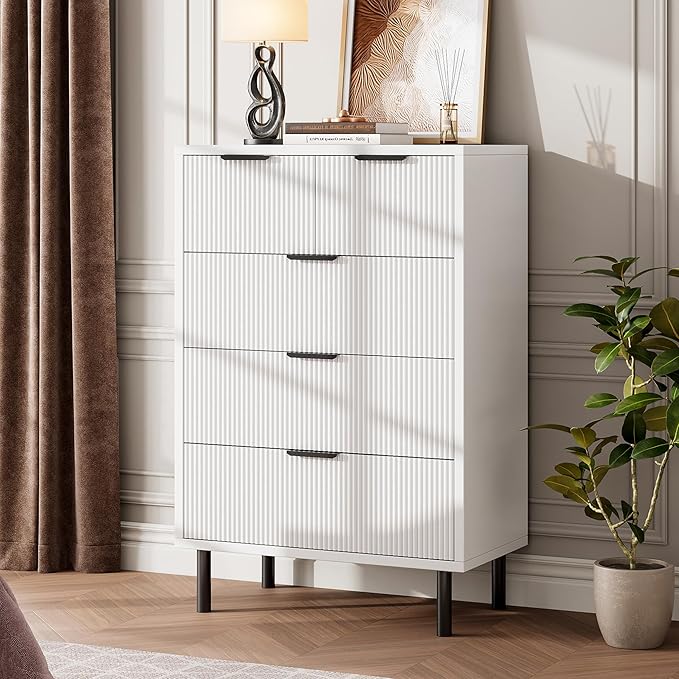 GarveeHome White Wave Fluted 5 Drawer Dresser for Bedroom, Modern Wood Chest of Drawers with Wide Drawers, Closet Dresser Organizer with Anti-Tipping Device and Metal Legs for Hallway Entryway