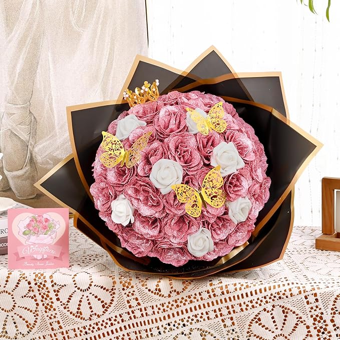 36+20 Glitter Roses Bouquet, DIY Fake Flowers Bouquet, Craft The Initials of Your Loves' Name with Artificial Rose for Valentines, Anniversary, Wedding, Rose Gold & White
