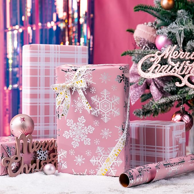 MAYPLUSS Pink Christmas Wrapping Paper, Snowflake Wrapping Paper, Metallic Foil Girly Pastel Snowflake, Plaid Design Christma Gift Wrap for Girl Women Winter Holiday (Mini Roll, 17 Inch X 16.5 Feet)