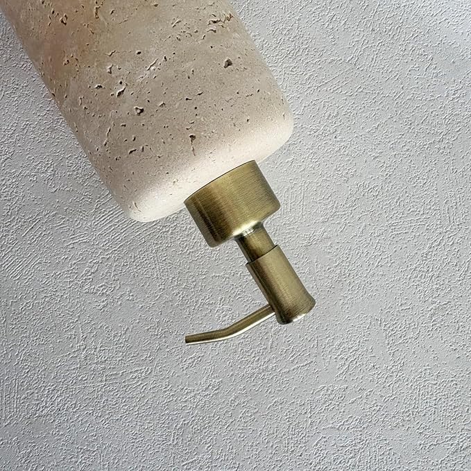 Natural Marble Vintage Stone Refillable Bathroom Liquid Dispenser 165ml Lotions Soap Container Stainless Steel Pump Head (Beige Travertine)