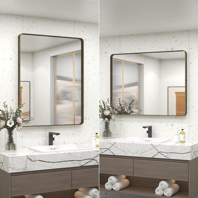 30x36 Bronze Bathroom Wall Mirror, Modern Brushed Metal Framed Mirror for Vanity, Rounded Oil Rubbed Bronze Frame, Anti-Rust, Tempered Shatterproof (Horizontal/Vertical)