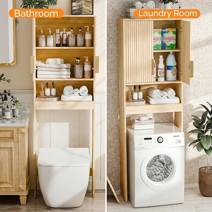 VINGLI Over The Toilet Storage Cabinet with Fluted Doors, Mid Century Modern Bathroom Organizer Over Toilet, Freestanding Wooden Space Saver Stand with Adjustable Shelves, Natural Oak
