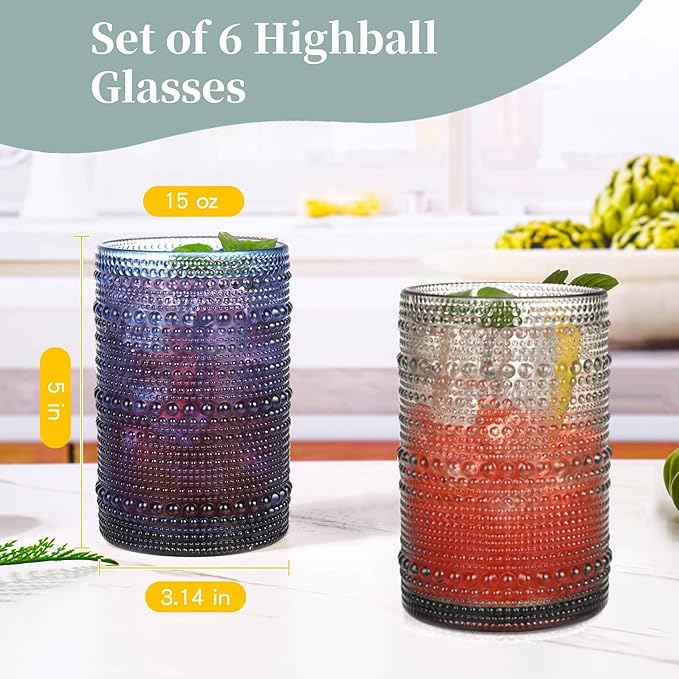 Colored Hobnail Drinking Glasses Set of 6, 15 oz Vintage Highball Glasses, Drinkware Kitchen Glasses for Cocktail, Iced Coffee, Beer, Ice Tea, Wine, Whiskey, Water