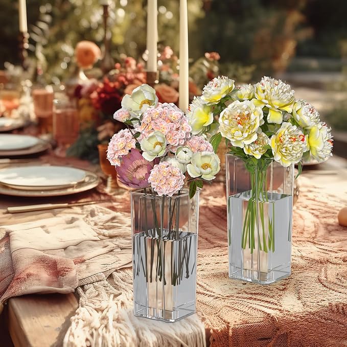 Asking 6 Pack Tall Square Acrylic Flower Vase, Clear Plastic Centerpiece Vases for Table, 4" x 4" x 9"