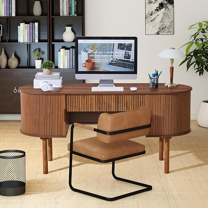 ORRD Home Office Oval Desk with Sliding Tambour Door and Drawer, Modern Fluted Wood Executive Computer Storage Desk for Study, Living Room, Bedroom, Office - Walnut