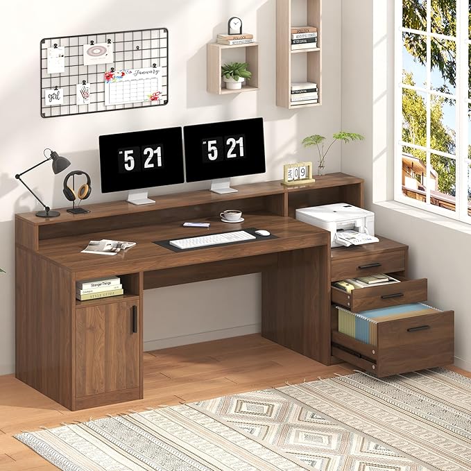 Computer Desk with 3 Drawers & Storage Shelves, 65 Inch Home Office Desk with File Drawer & Cabinet, Writing Study Desks with Monitor Stand & Printer Shelf, Executive Desk, Brown
