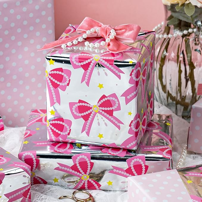 Homeral Pink Bow Wrapping Paper Roll - Mini Roll - 17 Inch x 33 Feet - Pink Ribbon Pearl Bow Perfect for wrapping paper for girls Valentine's Day, Girls Birthday, Bachelorette Party, Baby Shower.