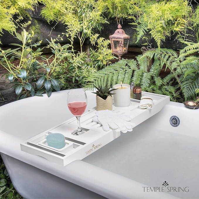Temple Spring Bamboo Bathtub Tray Caddy for Tub — Expandable Wood Bath Tray with Solid Book Stand Wine Holder and Non-Slip Pads — Includes Bamboo Soap Dish and Spa Accessories — Luxury Bath Gift Set