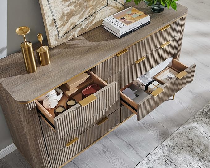 T4TREAM Fluted 9 Drawers Dresser, Modern Wooden Top Chest of Drawers with Curved Profile Design, Dresser TV Stand Drawer Organizers for Bedroom, Living Room, Hallway(Alder Grey)