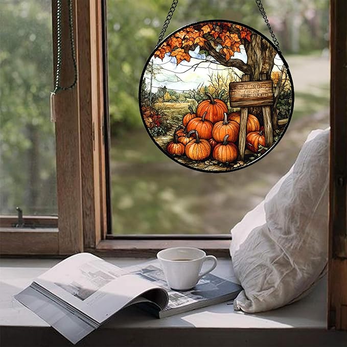 Stained Glass Window Hanging Fall Farm Scenery Maple Trees Pumpkin 9.8" - Suncatcher Door Garden Kitchen Sun Catcher Autumn Decor Birthday for Mom Nana Men Woman Friend