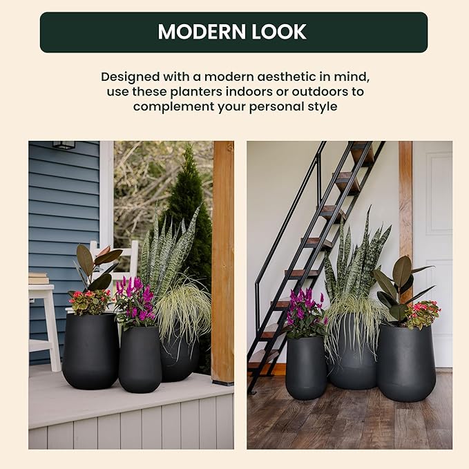 Beuta Large Planters for Outdoor Plants - Set of 3, 15.5/18/20.5 Inches Outdoor Planters for Porch - Tall Planter for Outdoor & Indoor Plants | Large Indoor Plant Pot - USA Made - Black