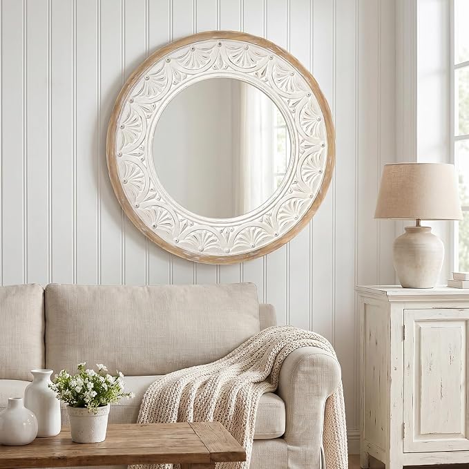 H HOMEWINS Rustic Round Mirror, 24" Wooden Circle Farmhouse Wall-Mounted Nature Beads Decor Mirror for Bedroom, Bathroom, Living Room,Vanity