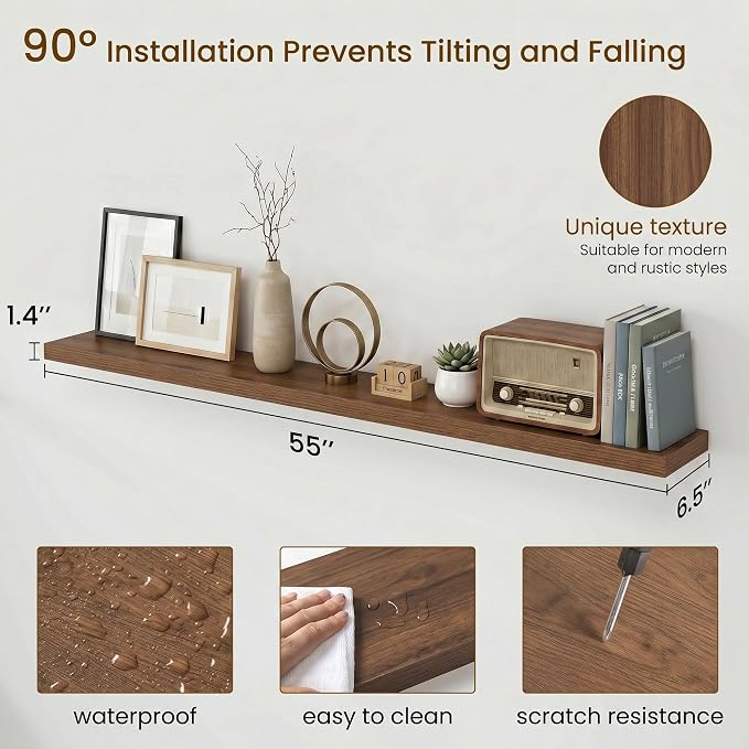 Dreamland Floating Shelves for Wall, Rustic Walnut Floating Shelves for Bathroom|Bedroom|Kitchen, Deep Wall Mounted Book Shelf, Wood Storage Display Shelf for Home Decor, Set of 2