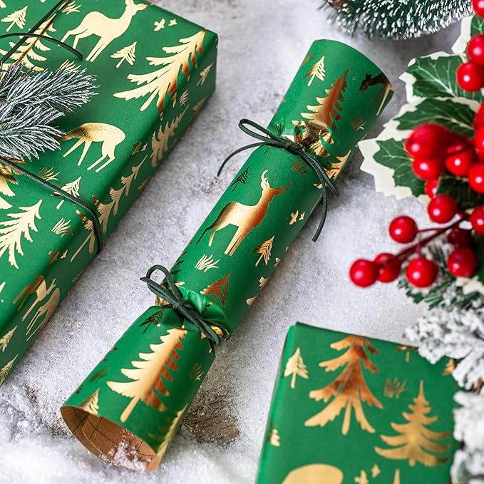 Yarcony Christmas Wrapping Paper Roll, Green Gift Wrapping Paper, Recycled Festive Gold Foil Reindeer, Winter Tree Theme Thick Kraft Christmas Gift Wrap for Winter Celebration (17 Inch X 33 Feet)