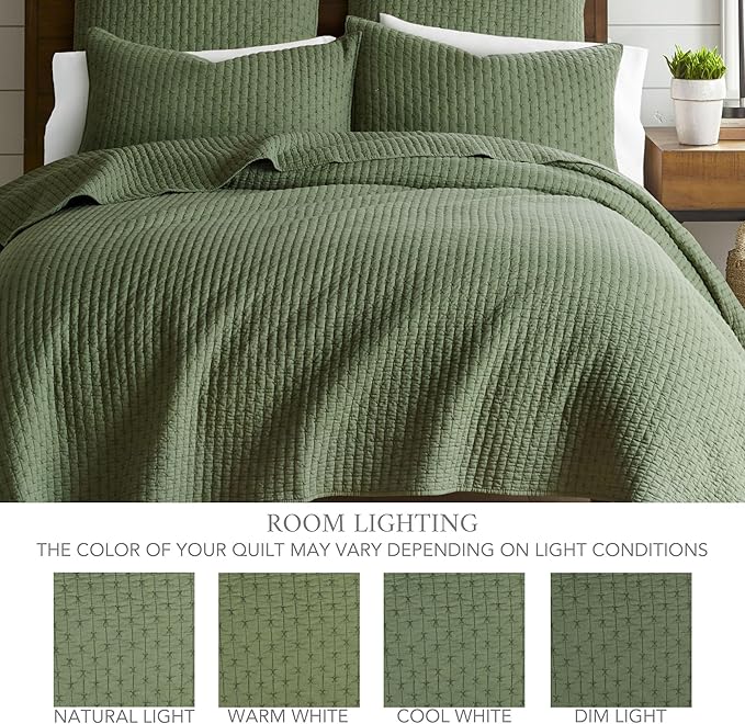 Levtex Home Cross Stitch Reversible King/Cal King Quilt Set (106x92in) and 2 Pillow Shams (36x20in) - Stitch Texture - Forest Green - Cotton King Size Quilt Bedding Set - Lightweight Soft Pre-Washed
