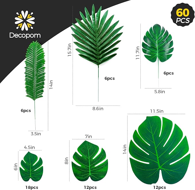 Decopom Artificial Palm Leaves 60-108 Pack - 6 Kinds Large Small Green Fake Palm Leaf with Stems for Safari Jungle Hawaiian Luau Party Table Decoration Wedding Birthday