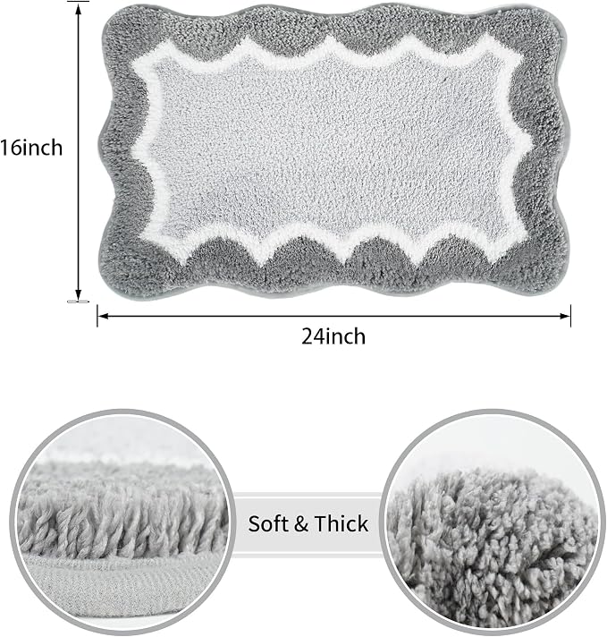 Scalloped Grey Small Bathroom Rugs Mat,Non Slip Absorbent Quick Dry Bath Mats for Shower Room,Plush Microfiber Bath Rug for Bathroom Floor Washable Carpet for Shower Tub Sink Bedroom,16"x24"