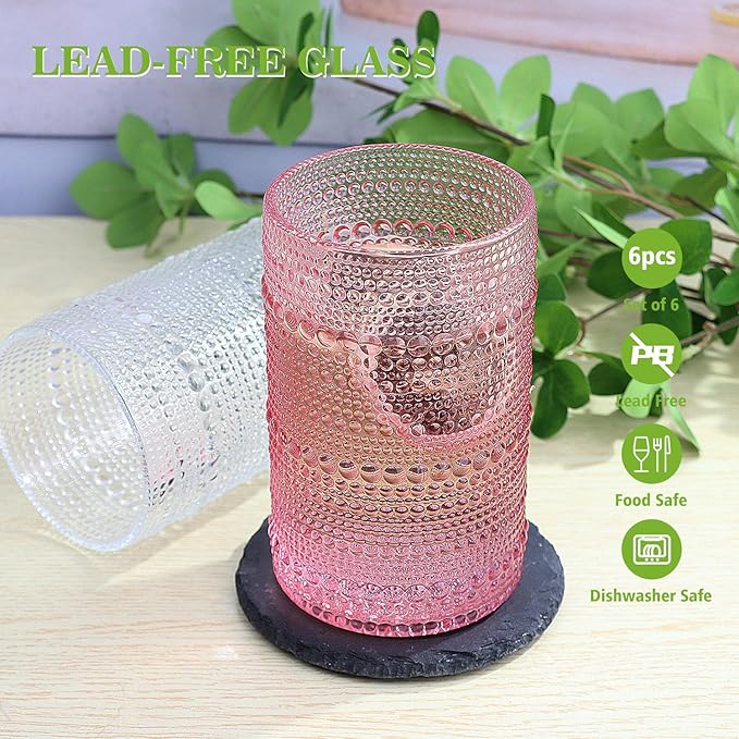 Hobnail-Drinking Glasses 13oz Vintage Glassware Sets Cocktail Juice Glasses Set of 6, Pink