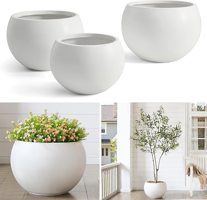 Fiberstone Sphere Planter, 15.8" Dia Round Flower Pot with Drainage Hole and Removable Plug, Plant Pot for Indoor Outdoor Use, 11.8" Opening-10.9" H Medium, White