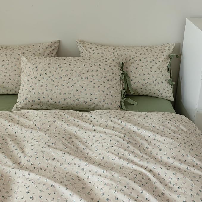 VM VOUGEMARKET Green Flower Comforter Set Twin,Vintage Floral Comforter with 2 Bow Ties Pillowcases Botanical Bedding Comforter Set for Girls Women(3pcs,Twin XL)