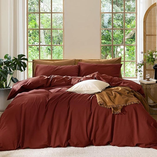 MooMee Bedding Duvet Cover Set 100% Washed Cotton Linen Like Textured Breathable Durable Soft Comfy (Solid Fired Brick Red, Oversized Queen 98"x98")